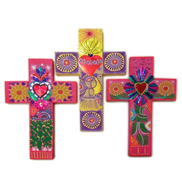 Birsppy HORLAT Wood Cross Hand Painted 25cms. Latin American Cross. Cross  made from wood.