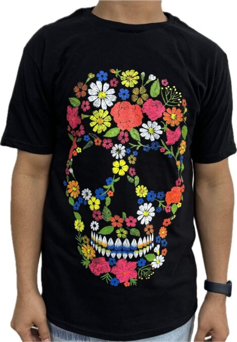 Flowered skull T shirt neon glow in dark